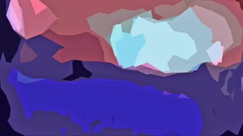 Abstrakte Komposition aus unregelmäßigen, polygonalen Flächen: oben rot und rosa, in der Mitte ein helles Eisblau, unten ein kräftiges Blau auf dunklem Violett.