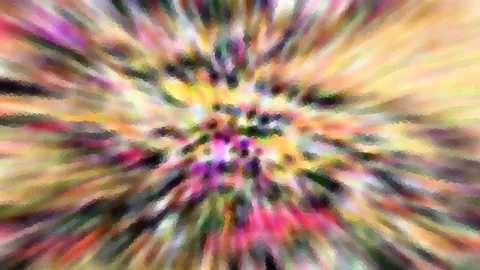 Abstrakte Komposition aus bunten Farbstrahlen, die von einem hellen Zentrum nach außen laufen, mit mosaikartiger Pixelstruktur.