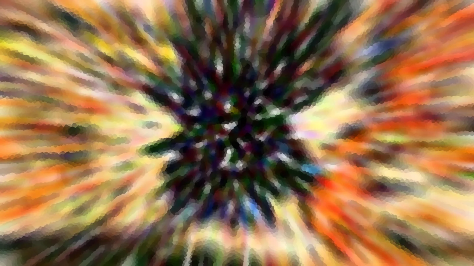 Abstraktes Bild mit bunten Farbstrahlen, die von einem dunklen Zentrum nach außen laufen, verwischt und leicht pixelig.