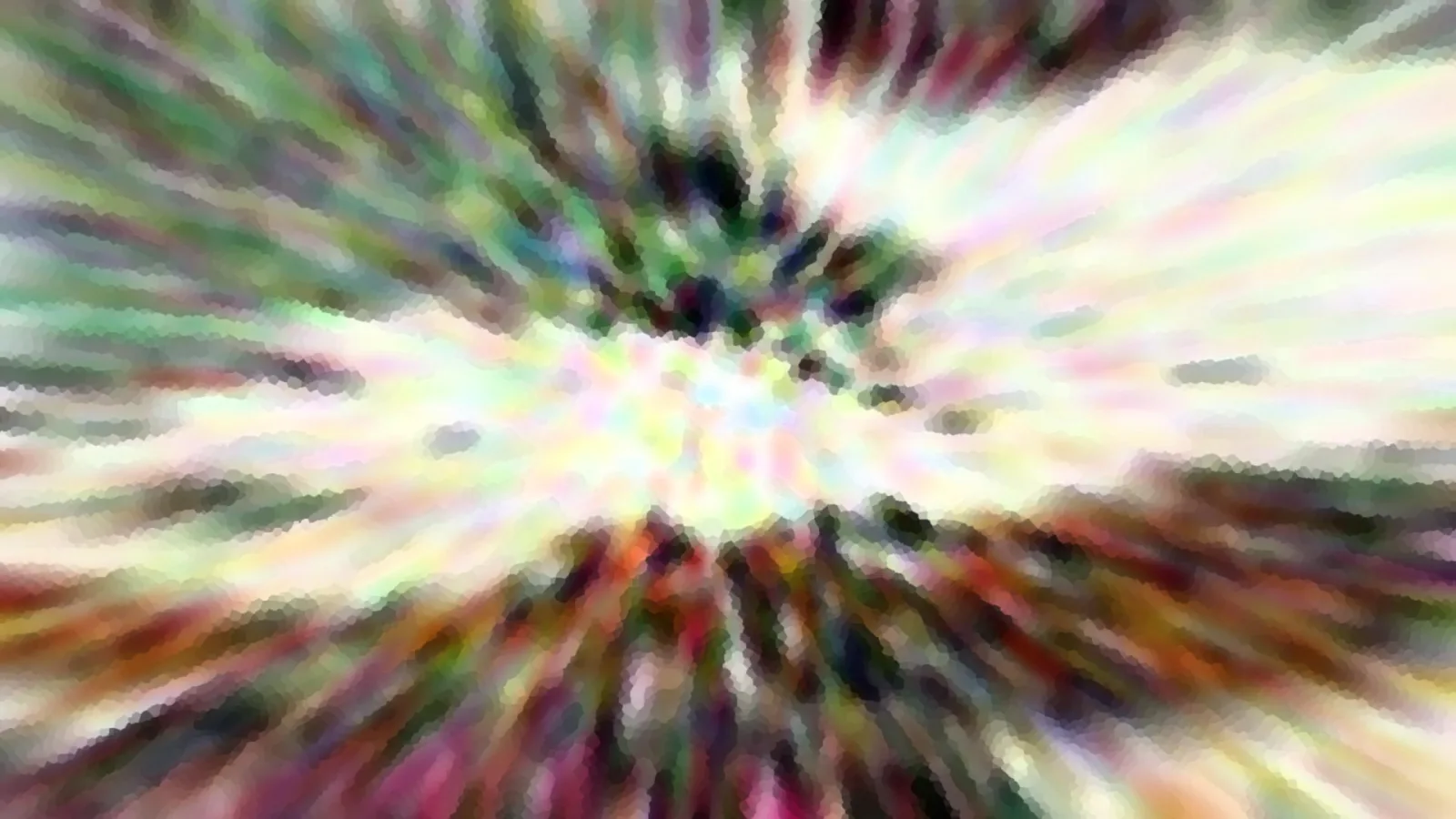 Abstrakte Komposition mit radialen Farbstrahlen in Grün, Weiß, Rosa und Braun, die von einem hellen Zentrum nach außen laufen, mit pixeligen Kanten.