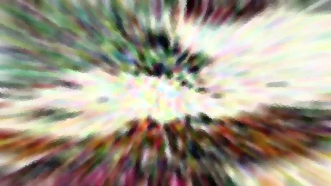 Abstrakte Komposition mit radialen Farbstrahlen in Grün, Weiß, Rosa und Braun, die von einem hellen Zentrum nach außen laufen, mit pixeligen Kanten.
