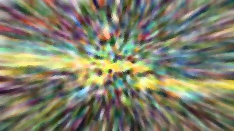 Abstraktes Bild mit bunten Farbstreifen, die von einem hellen gelben Zentrum radial nach außen laufen, verschwommen und mosaikartig gekörnt.
