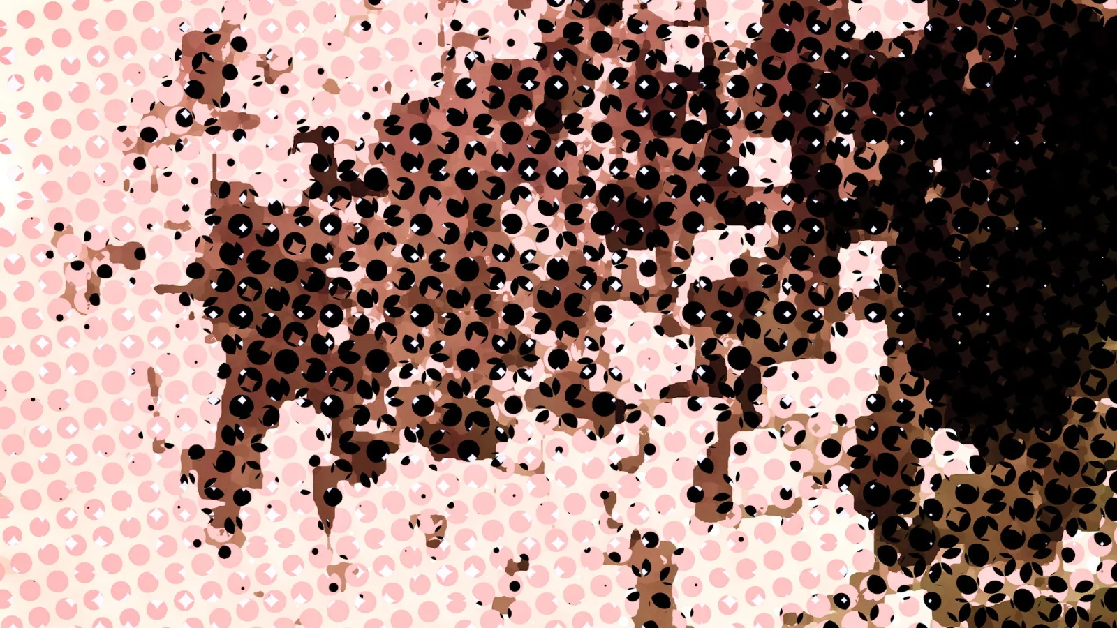 Abstrakte Komposition aus schwarzen, braunen und rosa Punkten, die links hell verlaufen und rechts in dunkle Flächen übergehen.
