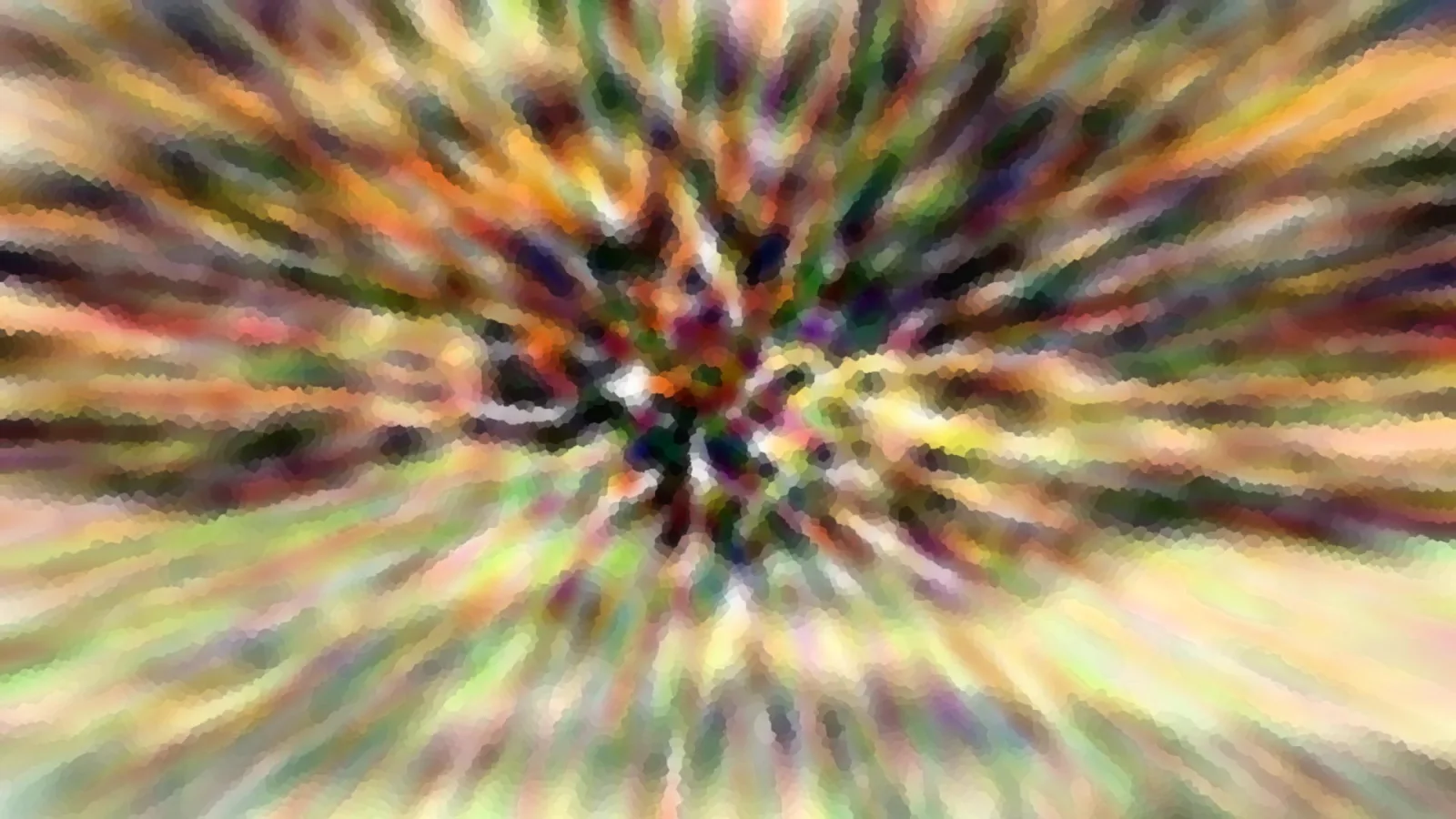 Abstrakte Komposition aus bunten, radial von der Mitte nach außen gezogenen Farbschlieren in Grün, Orange, Gelb und Violett mit grober Mosaikstruktur.