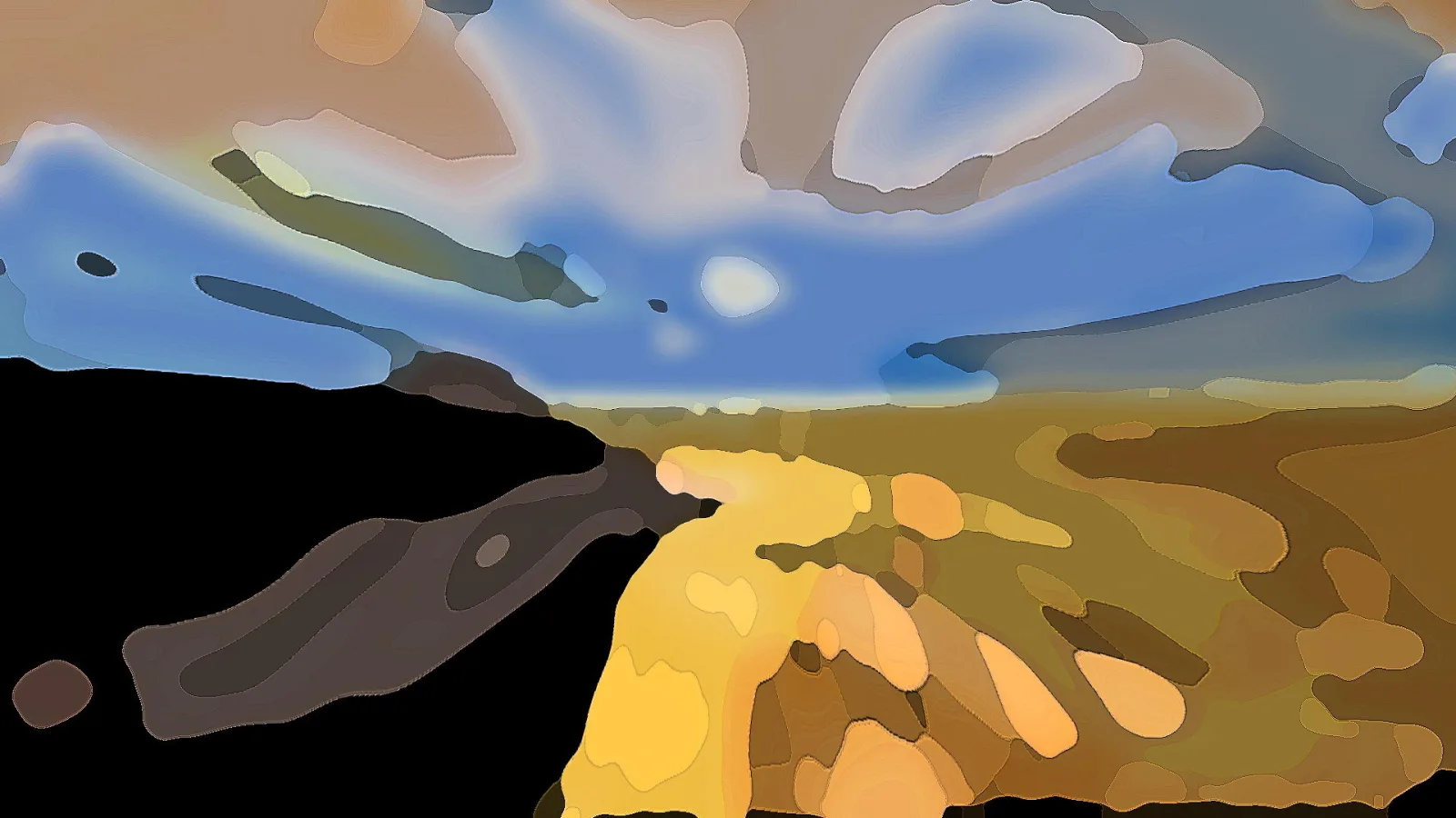 Abstrakt gemalte Landschaft mit blauem Himmel, hellen Wolkenfeldern, schwarzen Schattenflächen und gelb-braunen Feldern im Vordergrund.