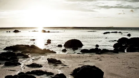 Sandstrand bei Sonnenuntergang, im Gegenlicht dunkle Felsbrocken im flachen Wasser und auf dem Sand, die Sonne steht tief am hellen Horizont.