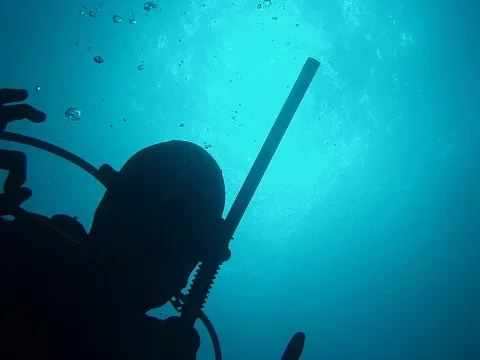 Silhouette eines Tauchers unter Wasser vor hellblauem Hintergrund, im Vordergrund steigen Luftblasen auf, rechts ragt ein Schlauch schräg nach oben.