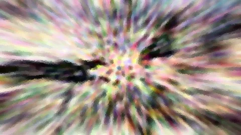 Abstrakte Komposition aus pastellfarbenen Streifen, die radial von einem hellen Zentrum ausgehen, links ein dunkler horizontaler Balken.