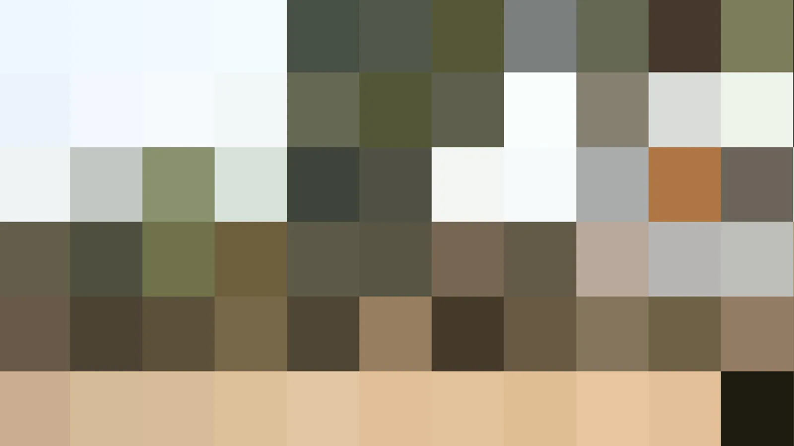 Pixelmosaik aus gedeckten Grün-, Grau- und Beigetönen, oben helle Flächen, unten warme Hauttöne und ein dunkles Feld in der rechten Ecke.