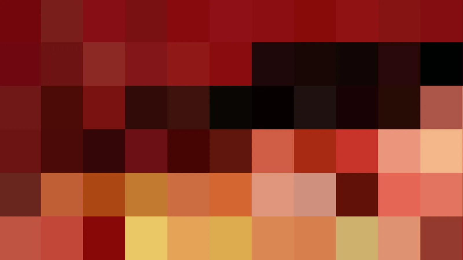 Abstraktes Mosaik aus quadratischen Pixelblöcken in Rot-, Schwarz- und Orangetönen, rechts unten in Gelb und Hellorange.