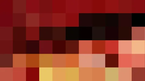 Abstraktes Mosaik aus quadratischen Pixelblöcken in Rot-, Schwarz- und Orangetönen, rechts unten in Gelb und Hellorange.