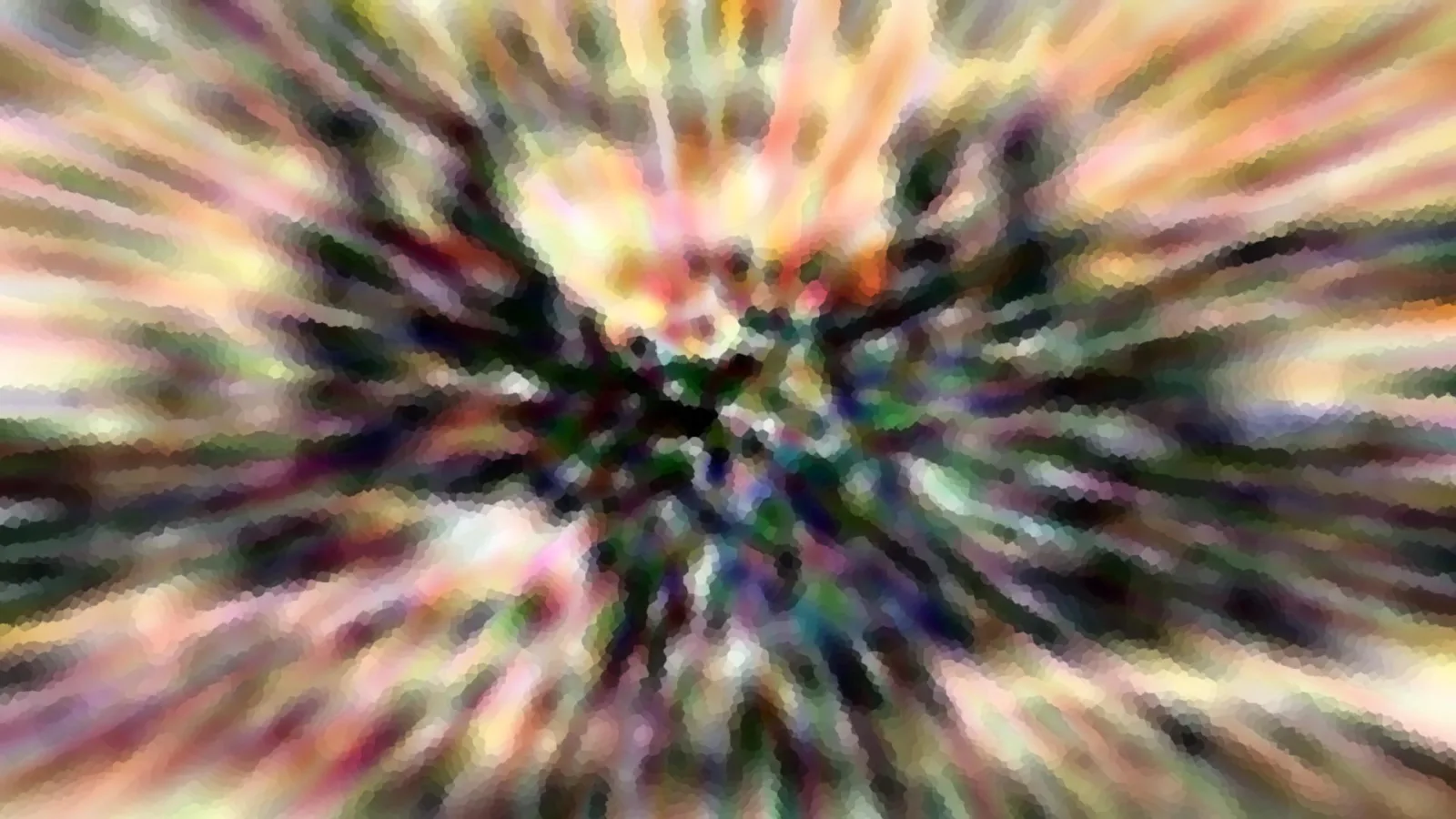 Abstrakte Komposition aus bunten, verwischten Farbstrahlen, die von einem dunklen Zentrum nach außen laufen, mosaikartig pixelig.