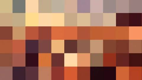 Abstraktes Mosaik aus quadratischen Pixelblöcken in Erdtönen, Orange, Beige, Violett und Dunkelrot, in sechs Reihen und zehn Spalten angeordnet.