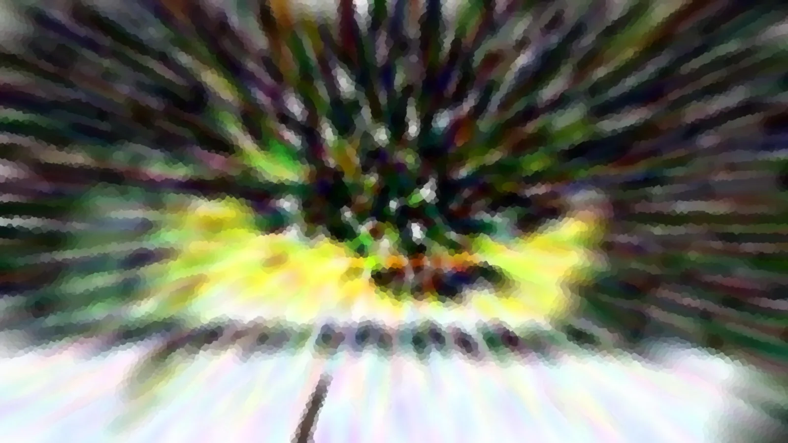 Abstrakte Komposition aus radial von der Mitte nach außen laufenden Schlieren in Grün, Gelb und Schwarz, unten in helles Weiß übergehend.