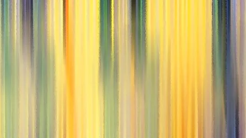 Abstraktes Bild aus vertikalen Streifen in Gelb, Orange, Grün und Blaugrau mit malerischer Textur.
