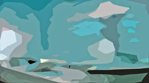 Abstrakte Komposition aus kantigen Polygonen in Türkis, Blau und Grau, unten dunkle Flächen