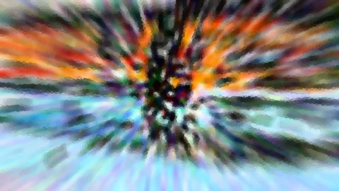 Abstrakte Komposition aus radial von einem dunklen Zentrum ausstrahlenden Farbstreifen in Orange, Rot, Türkis und Hellblau, mit pixeligen Übergängen.