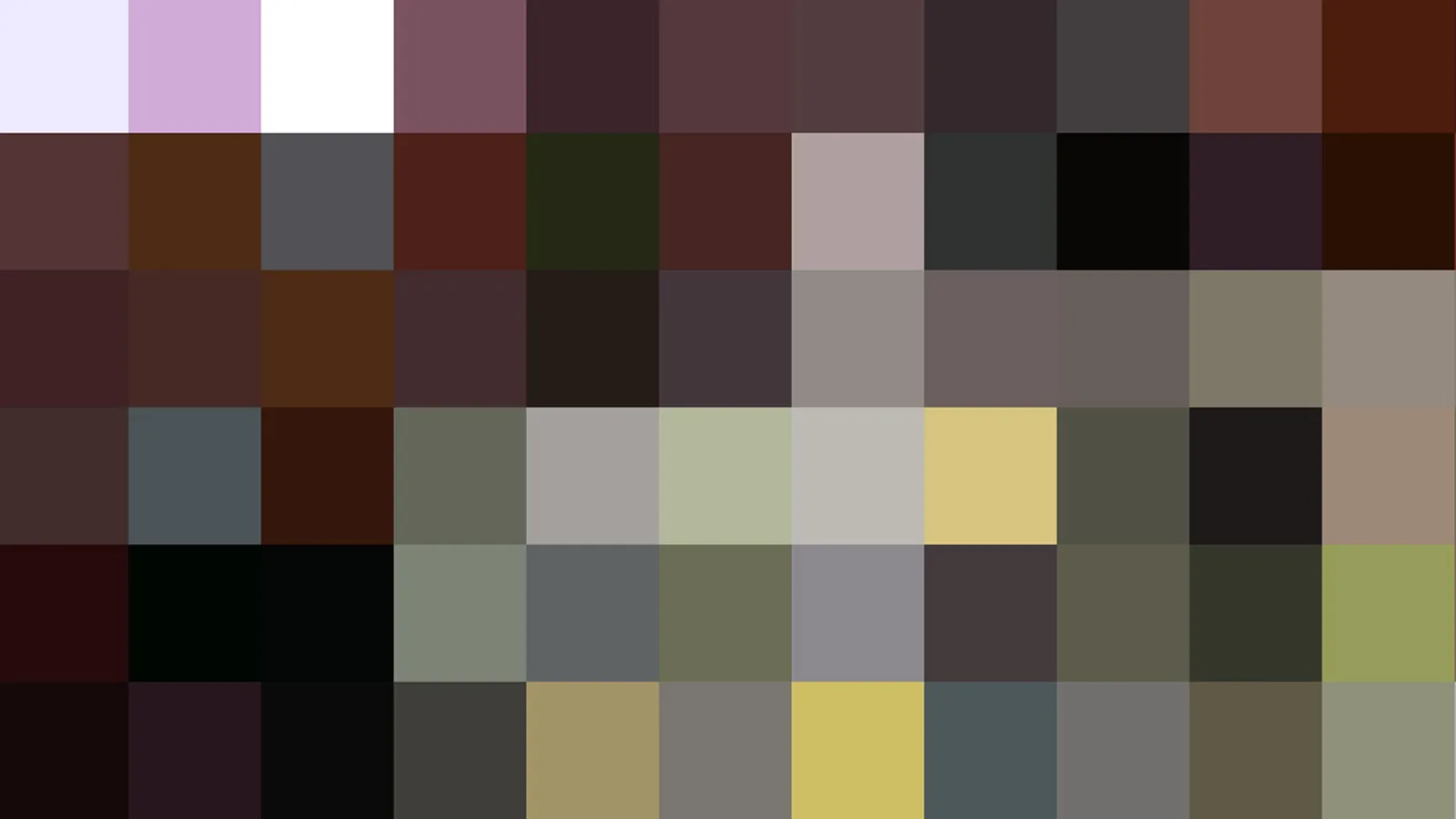 Rasterartiges Mosaik aus unregelmäßig gefärbten Quadraten in Violett, Braun, Schwarz, Grau, Oliv und Gelb, ohne erkennbares figürliches Motiv.