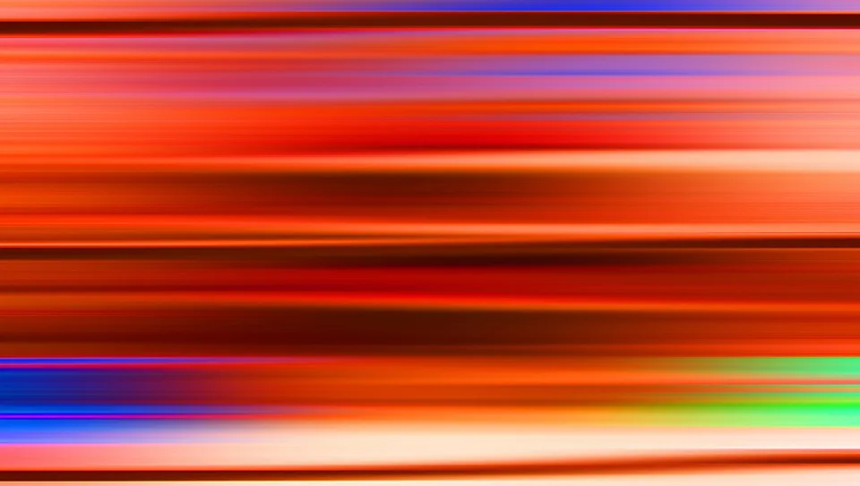 Abstrakte horizontale Streifen in Rot, Orange und Dunkelbraun, am unteren Rand mit blauen und grünen Akzenten.