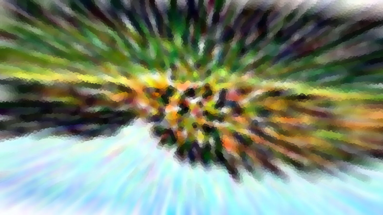 Abstraktes Bild mit radial von der Mitte ausgehenden Streifen in Grün, Gelb und Orange, unten links ein helles Türkis, Mosaik-Muster an den Rändern.