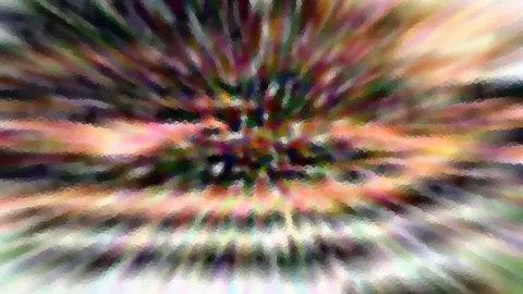 Abstrakte Komposition aus bunten Streifen, die radial von einem dunklen Zentrum nach außen laufen, mit mosaikartiger Pixelstruktur.