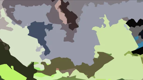 Abstrakte Komposition aus unregelmäßigen, flächigen Formen in Graublau, Hellgrün, Dunkelbraun, Rosa und Schwarz.
