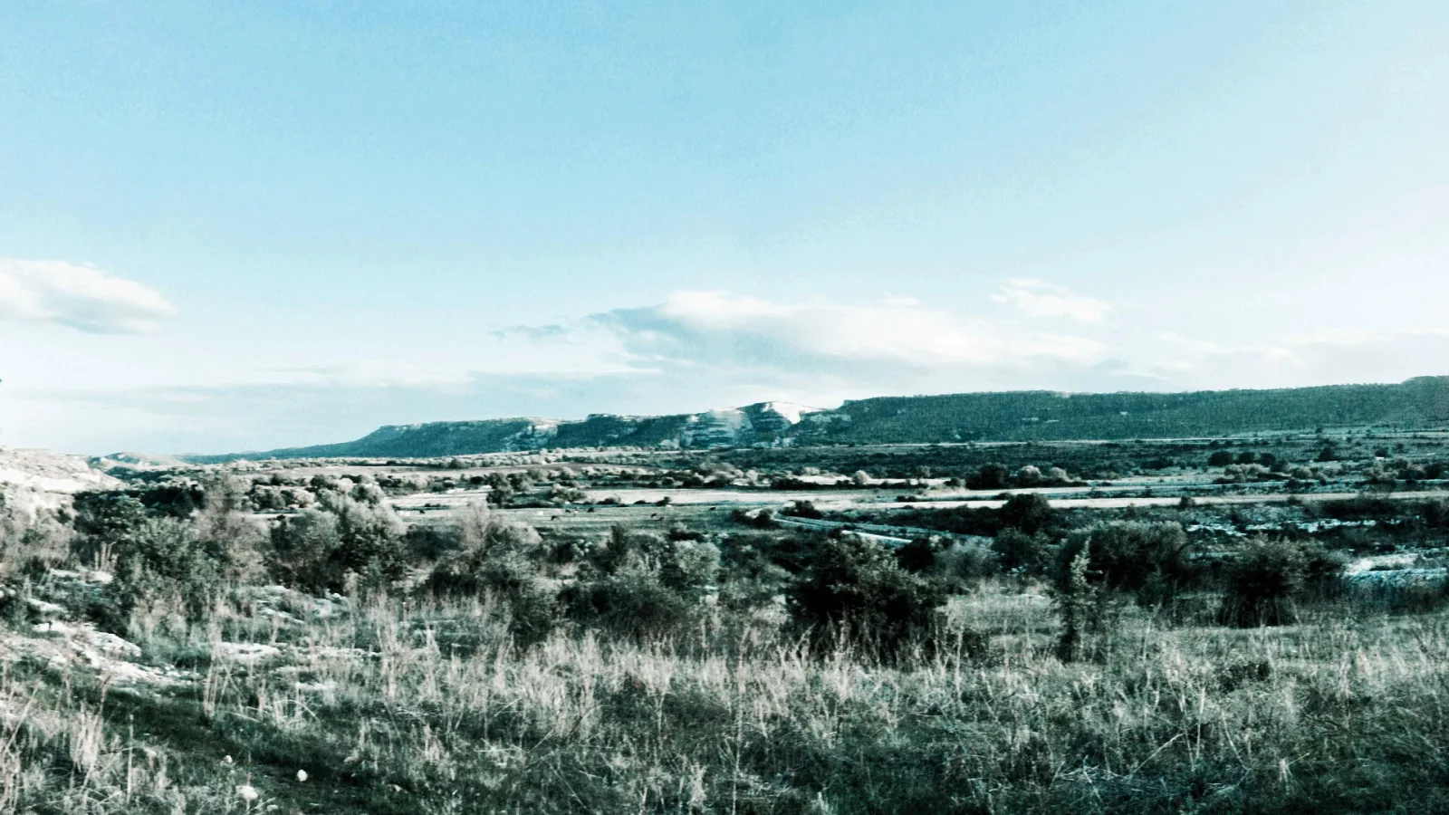 Weite, trockene Landschaft mit Gestrüpp und Gras im Vordergrund, dahinter ein langgezogener Felsrücken unter blassblauem Himmel mit wenigen Wolken.
