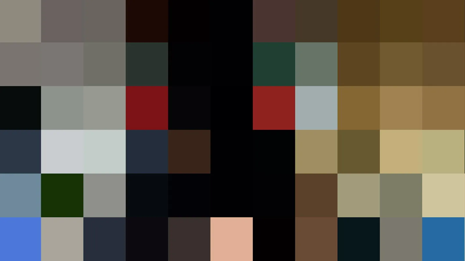 Mosaik aus quadratischen Farbfeldern in Schwarz, Braun, Ocker, Grün und Blau.
