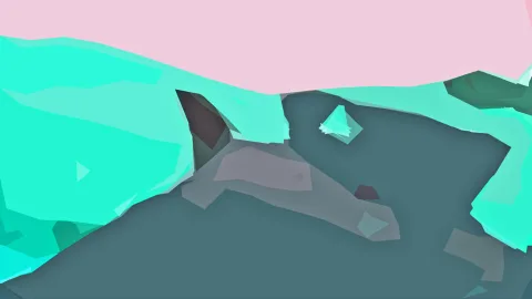 Abstrakte Komposition aus mintgrünen, türkisen und graublauen Flächen unter einem rosafarbenen Himmel.