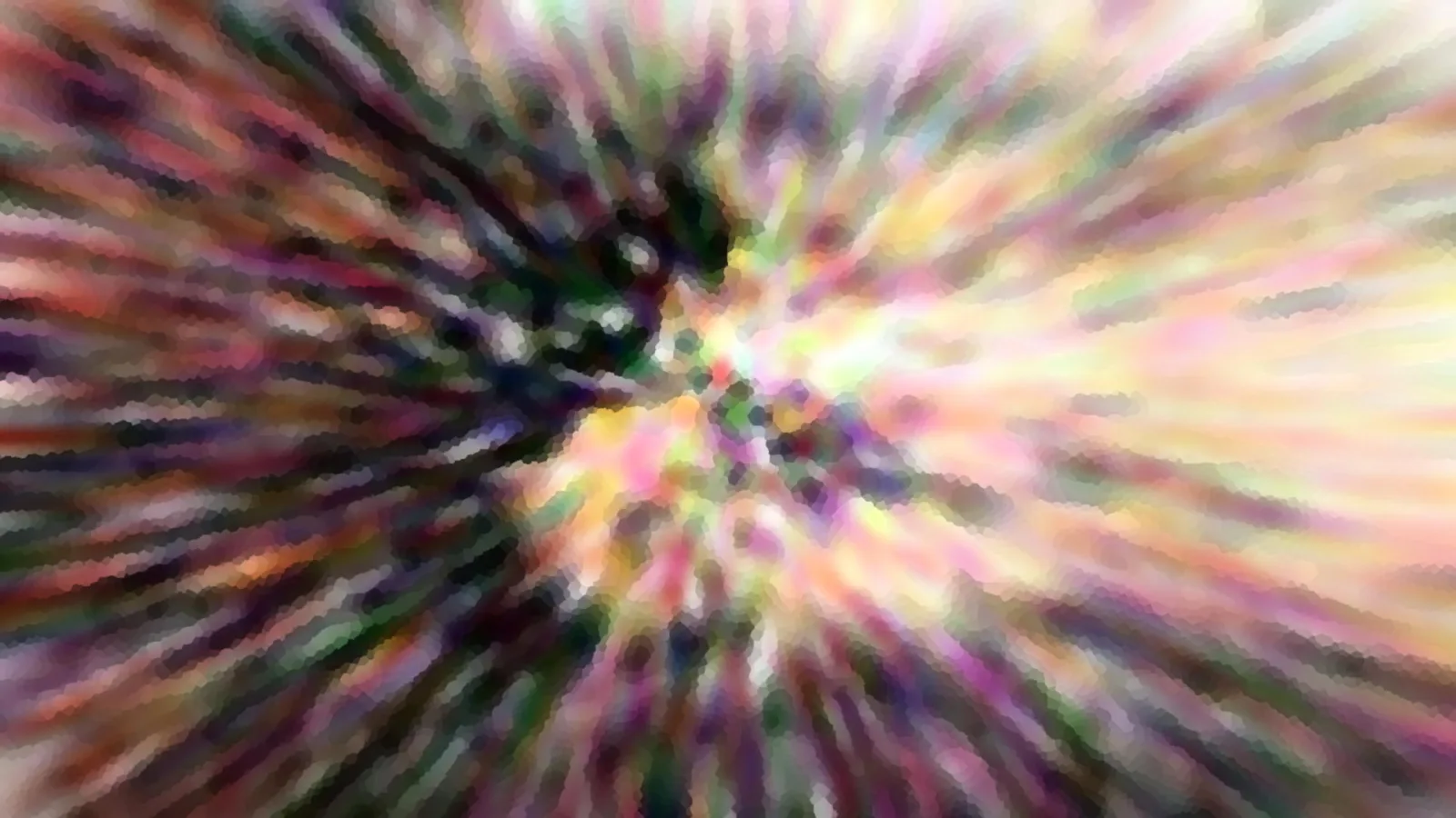 Abstrakte Komposition aus radial verlaufenden, verschwommenen Farbstreifen in Rosa, Gelb, Grün und Violett, die von einer hellen Mitte ausgehen.