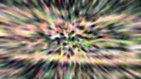 Abstraktes Bild mit farbigen Streifen, die von der Mitte radial nach außen laufen, grob gepixelt in Grün, Rosa und Violett.