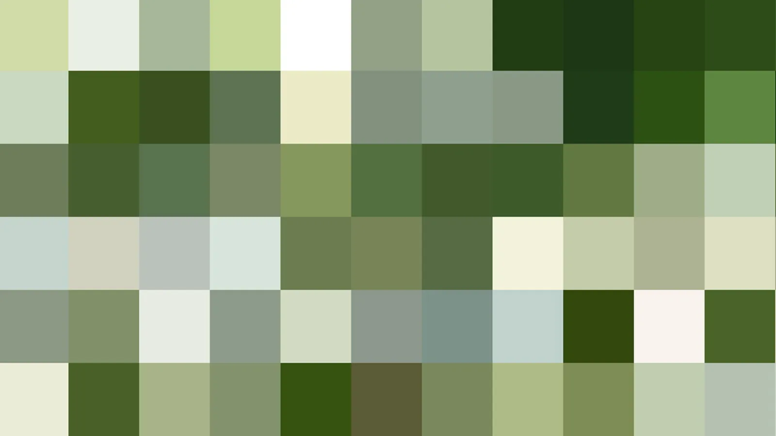 Mosaik aus quadratischen Pixelfeldern in verschiedenen Grün-, Weiß- und Grautönen, von dunklem Tannengrün bis hellem Mintweiß.
