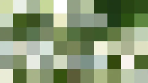 Mosaik aus quadratischen Pixelfeldern in verschiedenen Grün-, Weiß- und Grautönen, von dunklem Tannengrün bis hellem Mintweiß.
