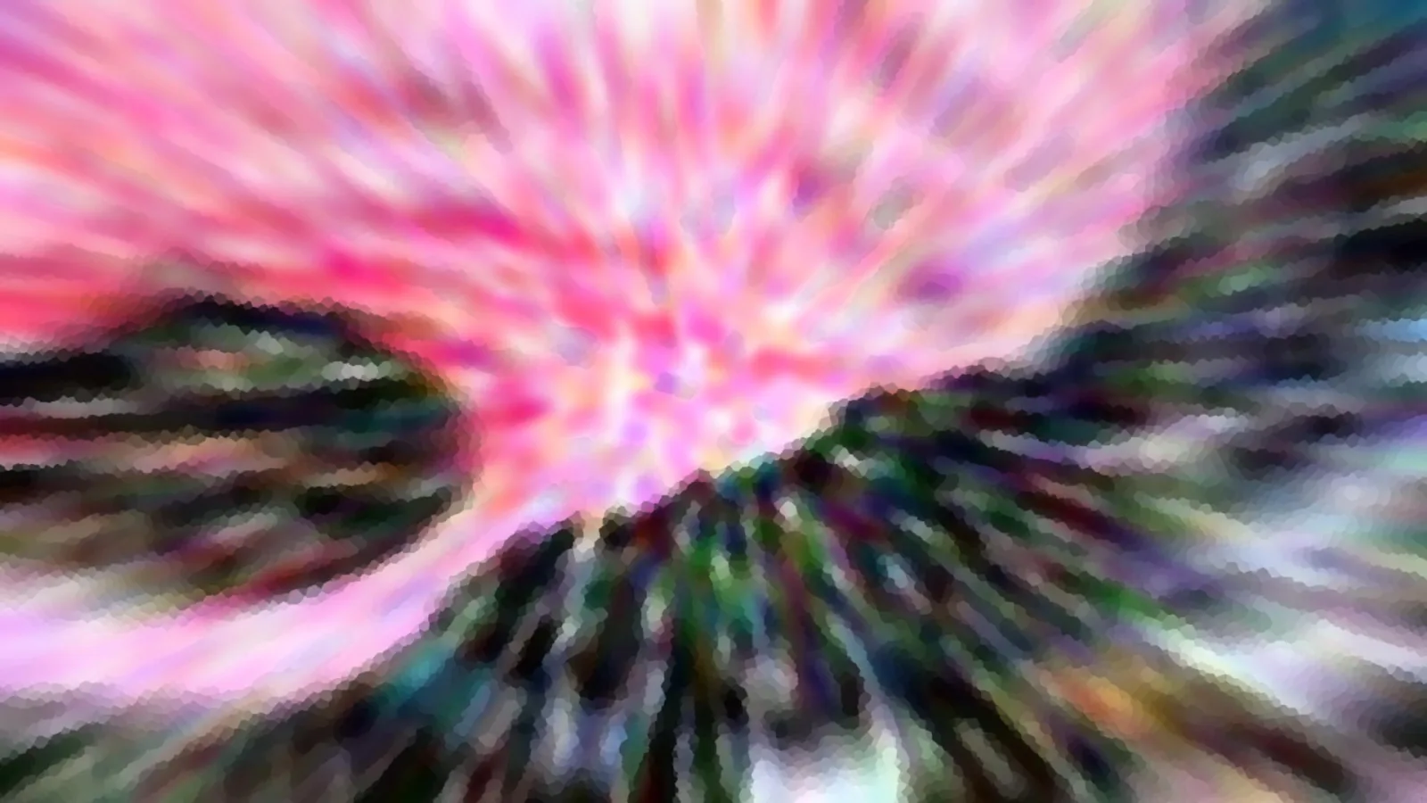 Abstraktes Bild mit radialer Unschärfe: Rosa und Magenta strahlen aus der Mitte, an den Rändern dunkle grüne und schwarze Schlieren.