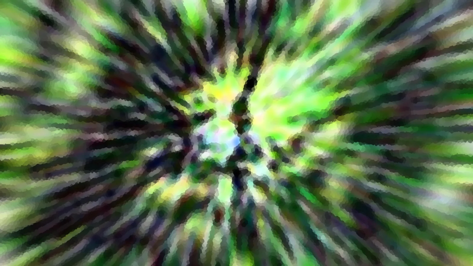 Abstraktes Bild mit grünen und dunklen Streifen, die vom Zentrum radial nach außen laufen. In der Mitte ein heller, bläulicher Fleck.