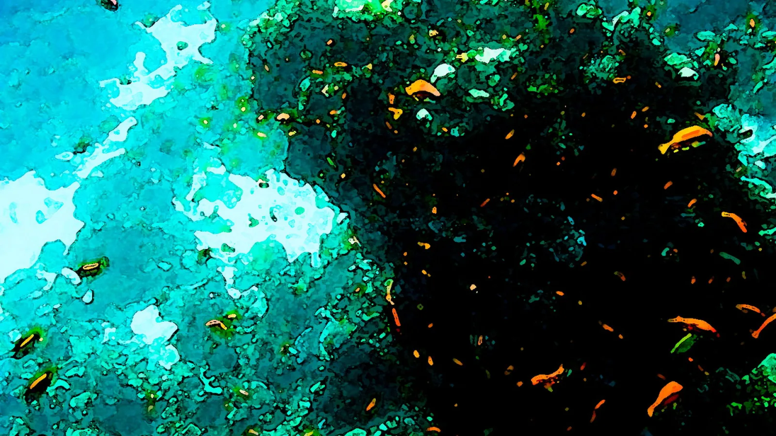 Unterwasseraufnahme eines Korallenriffs mit kleinen orangefarbenen Fischen vor türkisblauem und dunklem Wasser, mit comicartigem Filtereffekt.
