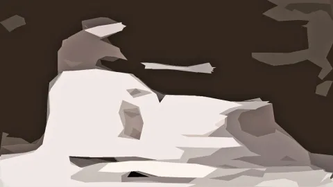Abstrakte Komposition aus flachen, hellen und dunkelbraunen Formen auf dunklem Grund.