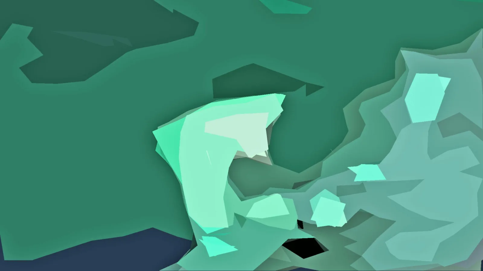 Abstrakte Komposition aus grünen und türkisfarbenen polygonalen Flächen mit hellen mintfarbenen Akzenten, dunkle Flächen unten links und eine schwarze Form unten in der Mitte.
