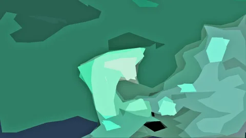 Abstrakte Komposition aus grünen und türkisfarbenen polygonalen Flächen mit hellen mintfarbenen Akzenten, dunkle Flächen unten links und eine schwarze Form unten in der Mitte.