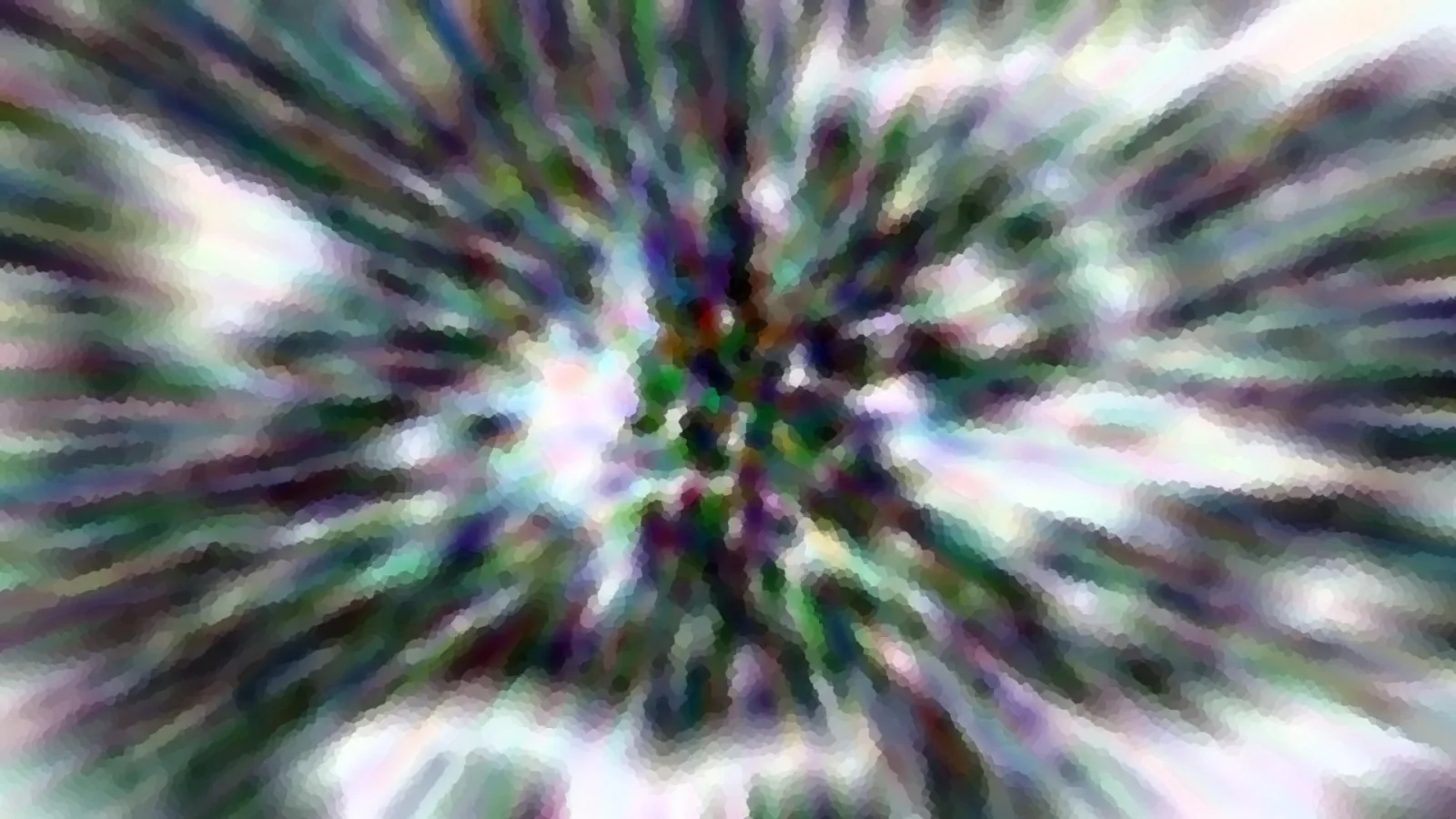 Abstrakte Komposition aus bunten, radial vom Zentrum nach außen laufenden Schlieren in Grün, Violett und Weiß mit verwaschener Unschärfe.