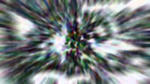 Abstrakte Komposition aus bunten, radial vom Zentrum nach außen laufenden Schlieren in Grün, Violett und Weiß mit verwaschener Unschärfe.