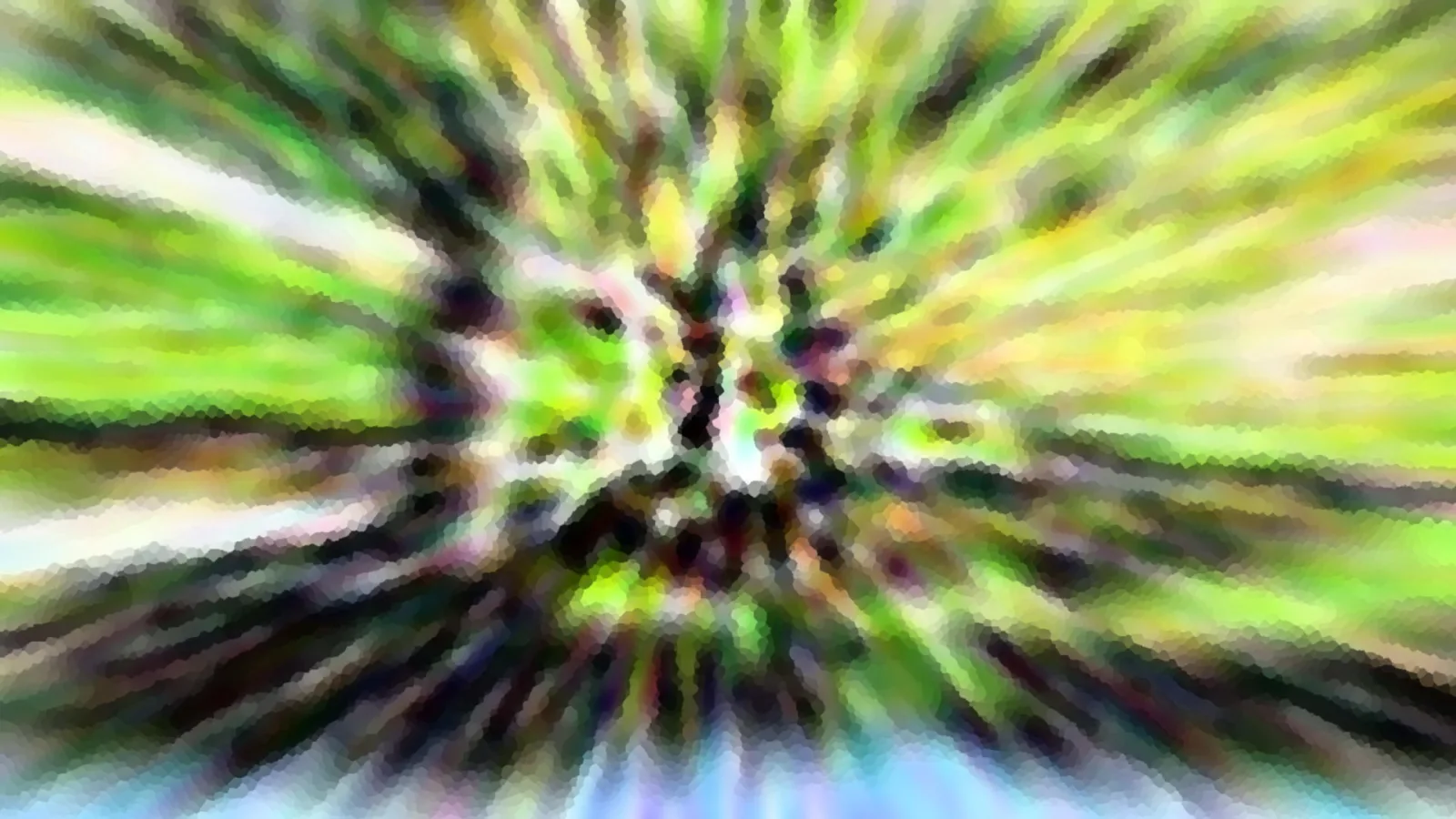 Abstrakte Komposition aus grünen, gelben und dunklen Schlieren, die von einem hellen Zentrum radial nach außen strahlen, mit mosaikartiger Pixelstruktur.