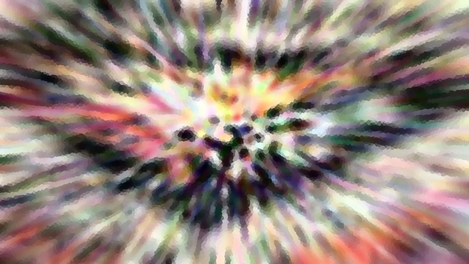 Abstrakte Komposition mit bunten, pastellfarbenen Strahlen, die von einem dunklen Zentrum nach außen laufen, grob mosaikartig verpixelt.