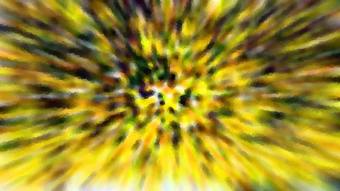 Abstraktes Bild mit gelben und grünen Streifen, die von einem dunklen Zentrum radial nach außen laufen.