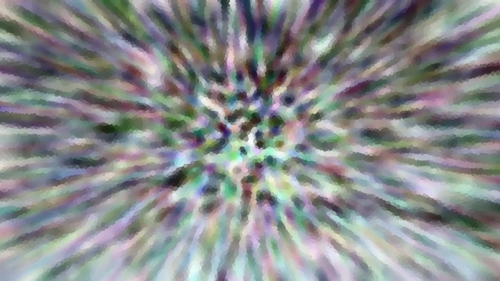 Abstraktes Bild aus radial nach innen laufenden, verwischten Farbstreifen in Grün, Violett und Weiß, mosaikartig gepixelt.