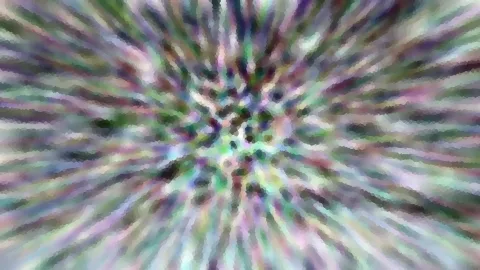 Abstraktes Bild aus radial nach innen laufenden, verwischten Farbstreifen in Grün, Violett und Weiß, mosaikartig gepixelt.