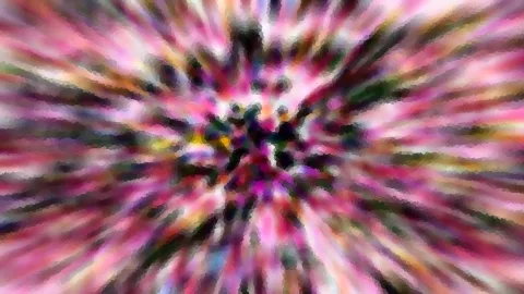 Abstrakte Komposition aus Pink, Grün und Gelb mit radialer Unschärfe, die von einem dunklen, mosaikartigen Zentrum nach außen strahlt.