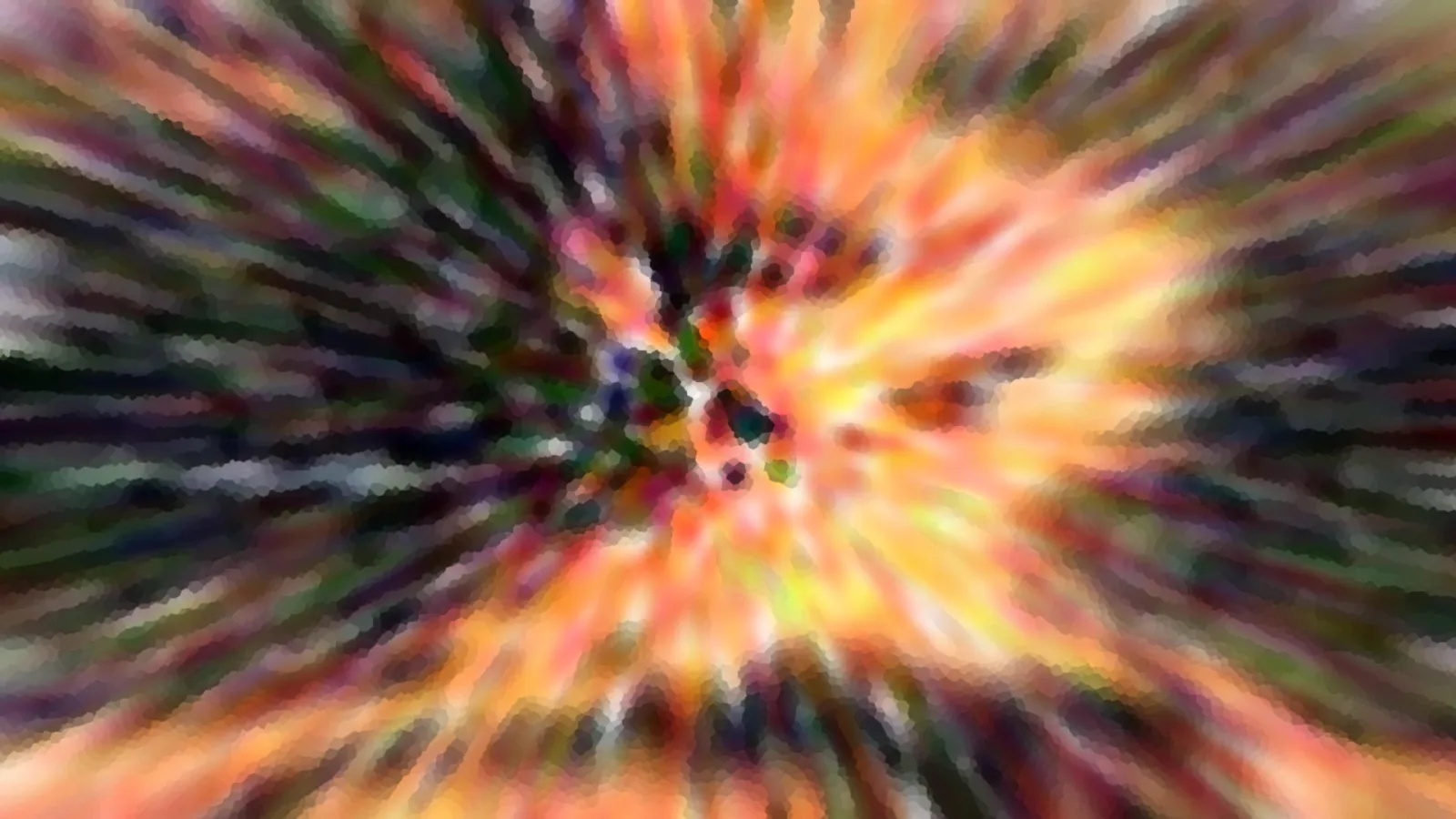 Abstrakte Aufnahme mit radial von der Mitte nach außen verlaufenden Schlieren in Orange, Gelb, Grün und Violett, im Zentrum dunkle Flecken.