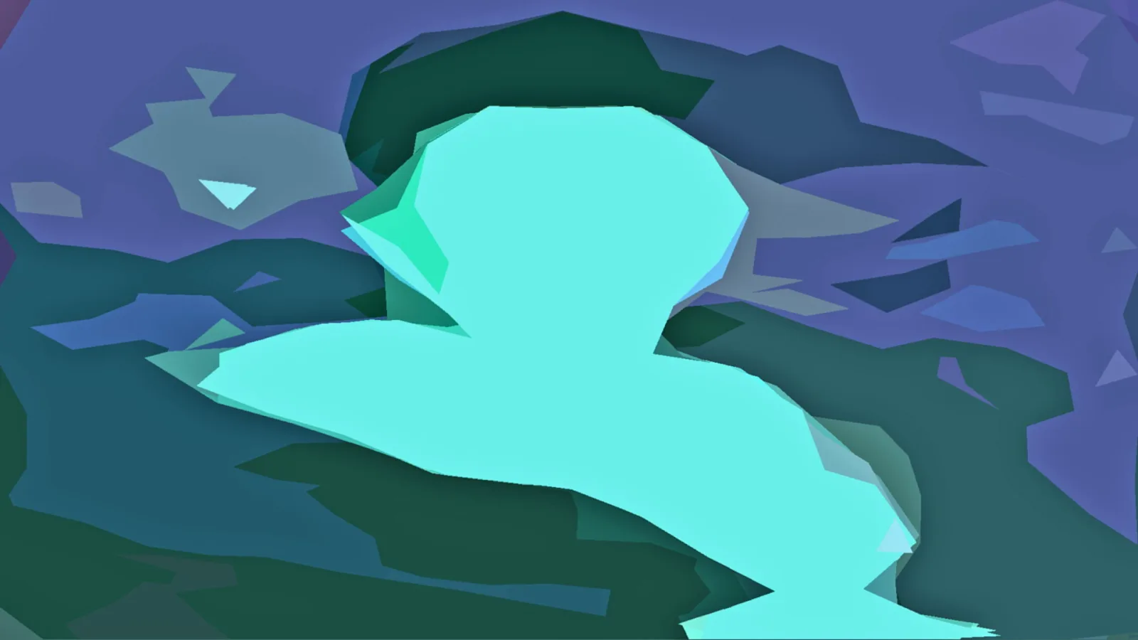Abstrakte, polygonale Figur in Türkis vor blau-grünem Hintergrund, Kopf und Schultern sind angedeutet.