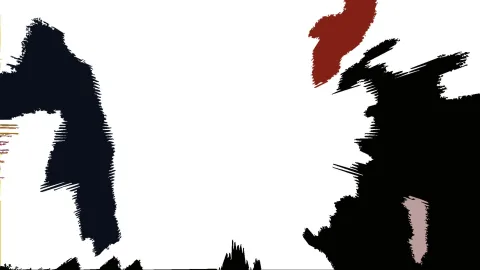 Abstraktes Gemälde mit dunklen Pinselflächen links und rechts, einem roten Fleck oben und einem rosafarbenen Fleck unten rechts auf weißem Hintergrund.